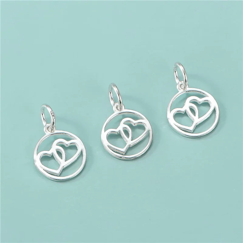 11.5mm Simple 925 Sterling Silver Round Cutout Double Heart Charm Pendant for Romantic Jewelry Making