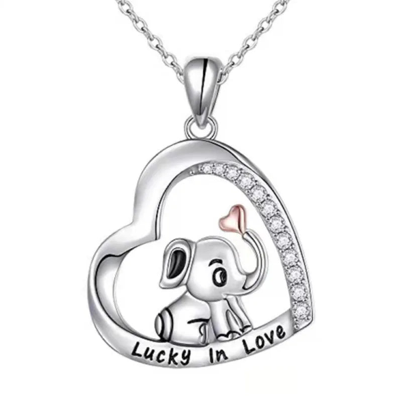 New Design Cute Zinc Alloy Heart Elephant Pendant Necklace Rose Gold Plated Link Chain Jewelry Gift for Women Girls Custom Name