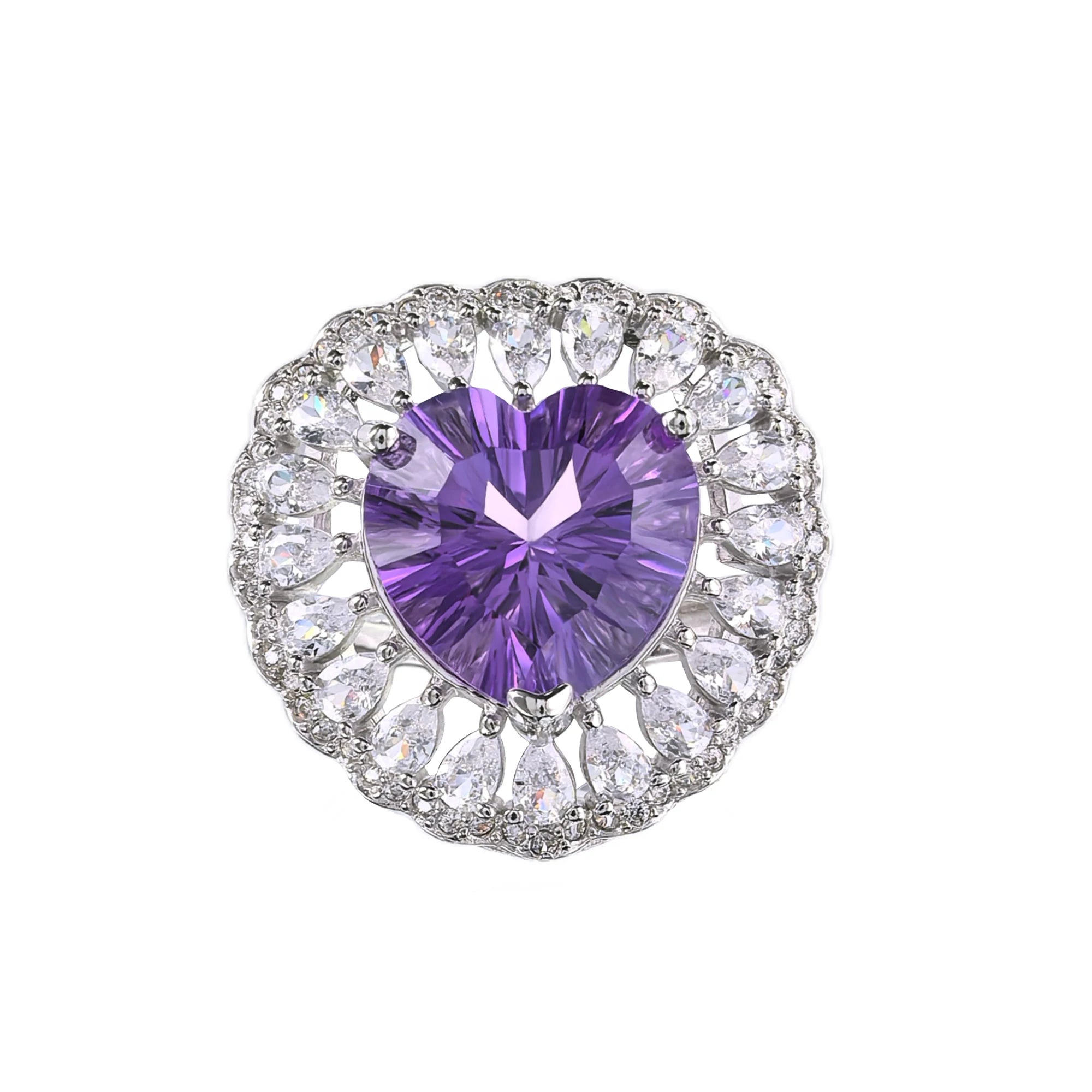 Romantic Rhodium-Plated 925 Sterling Silver Natural Amethyst Heart Gemstone Ring for Women's Wedding or Valentine's Day_gifts_