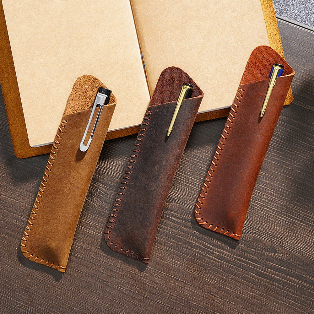 Factory Handmade Genuine Leather Pen Holder Pouch Multi-Colors Vintage Single Pen Case Pencil Bag for Work Office