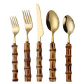 Stainless Steel Vintage Wedding Flatware Natural Real Bamboo Handle Gold Mirror Polish Unique Style Cutlery Set