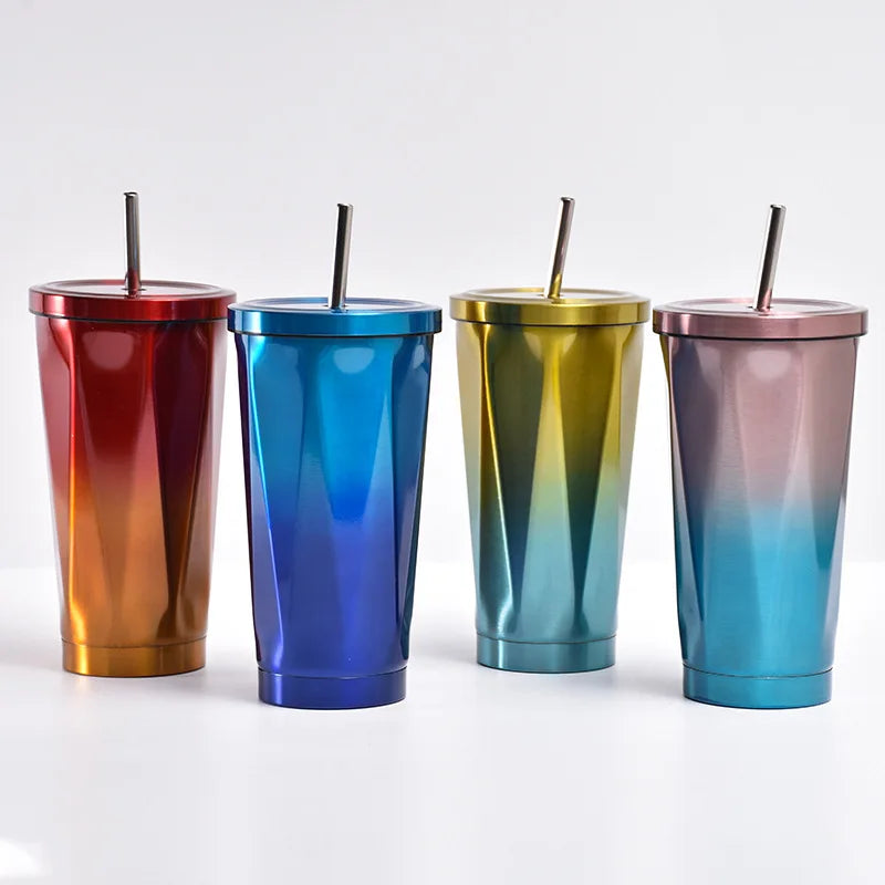 500ml Unique Irregular Shape Stainless Steel Coffee Mug Gradient Colorful Insulation Car Travel Straw Mug Double Layer Water Cup