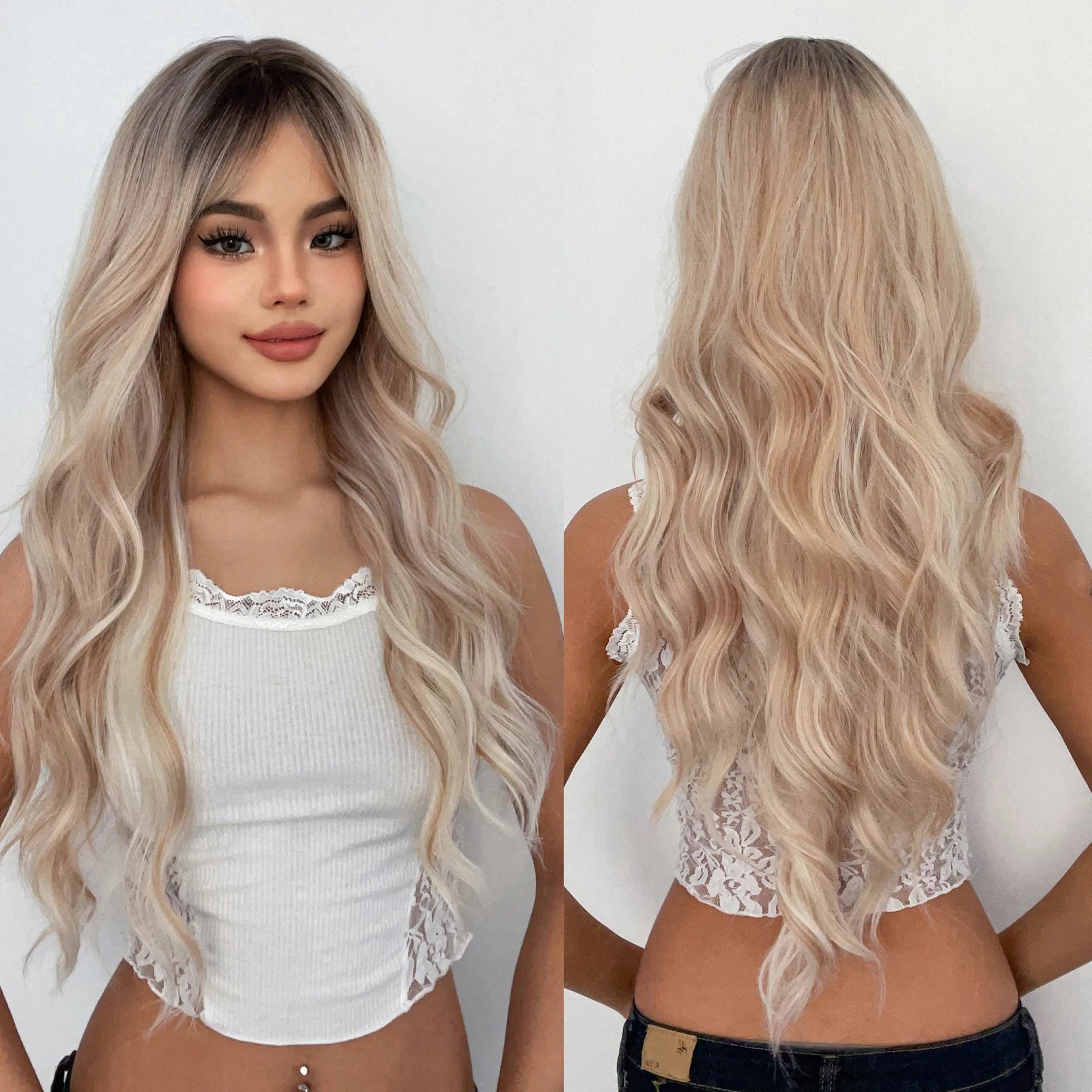 Long Wavy Brown Blonde Ombre Synthetic Wigs for Women Natural Blonde Hair Wigs With Bangs Daily Cosplay False Hair