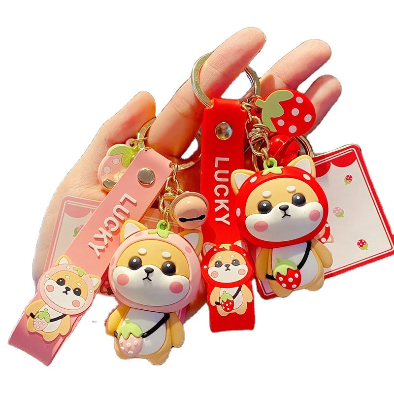 Luck Lady Girl Cute PVC Shiba Inu Keychain Strawberry Creative Gift Animal Car Bag Pendant Key Rings Kawaii Dog Key Chains Charm