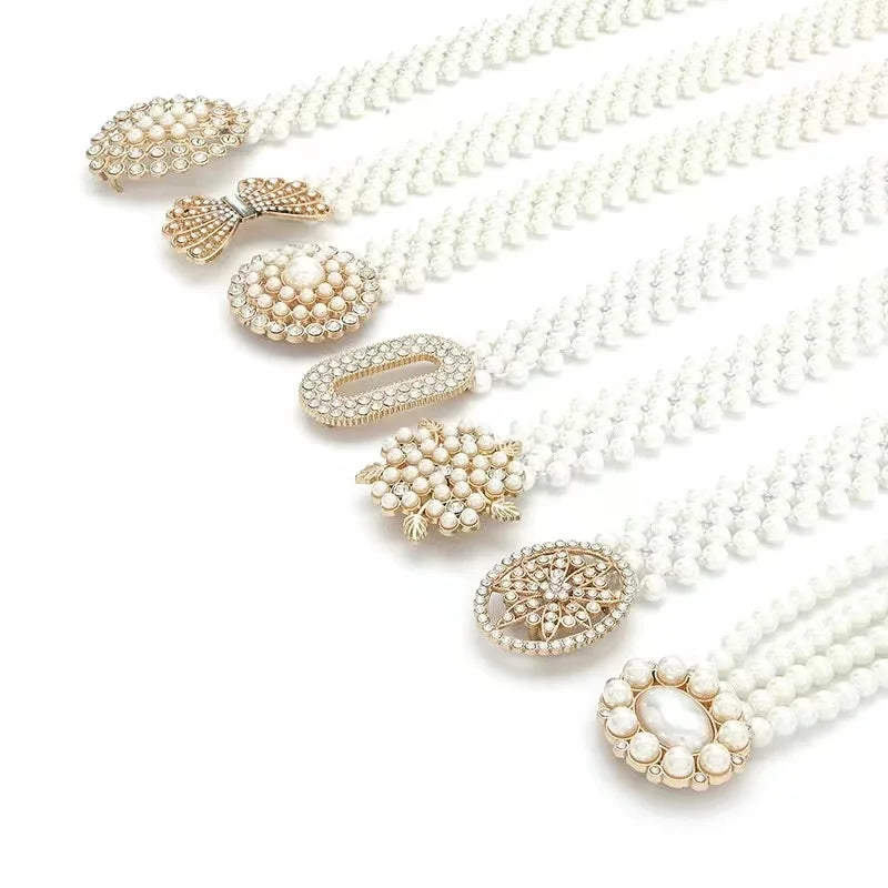 New Arrival 7 Design Rhinestone Pearl Alloy Buckle Elastic Fashion Lady Waist Chain Belt in Stock