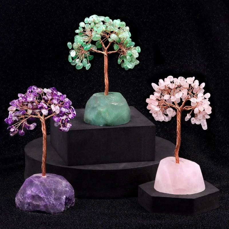 12~14cm Creative Craft Carved Raw Stone Base Amethyst Tree Life Colorful Crystal Eco-friendly Feng Shui Money Tree Home Decor