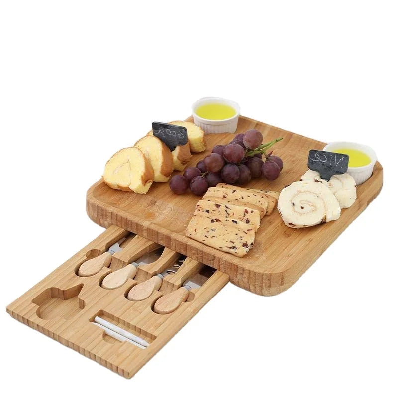 Environmental Bamboo Cheese Board and Knife Set Large Deli Board and Cheese Plate - Premium Restaurant Knife and Fork Plate Set