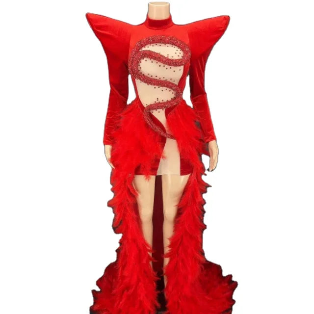 Red Velvet Feather Mopping Dress Wedding Dresses Girl Photo Shoot Cloth Luxury Singer Stage Show CostUme