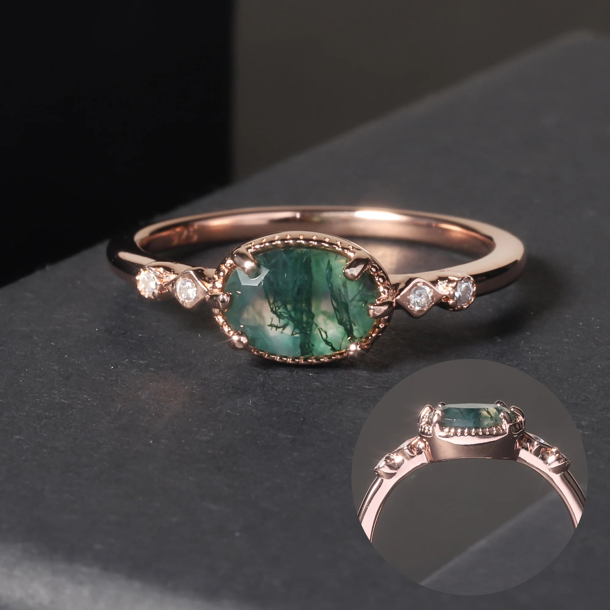 OL0899 Abiding Jewelry 925 Sterling Silver Oval Cut 5x7mm Gemstone Moss Agate Ring Wholesale With Cubic Zirconia