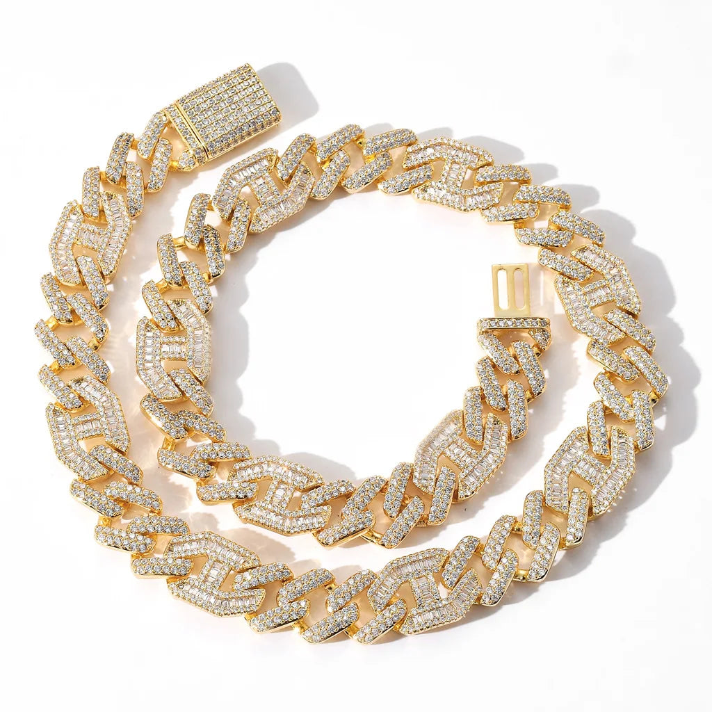 Trendy Hip Hop 3A CZ Prong Baguette Zircon 15mm Geometric Gold Brass Chain Iced Pig Nose Cuban Link Necklace for Men