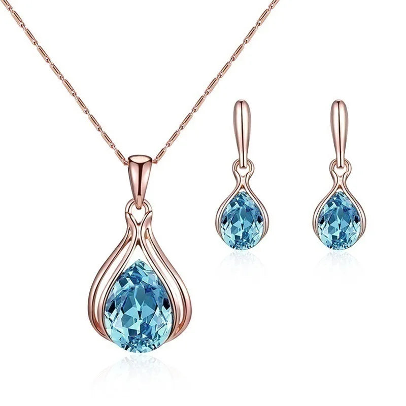 Wholesale Fashion Women's Blue Green Water Drop Necklace Earrings Set Jewelry Accesorios