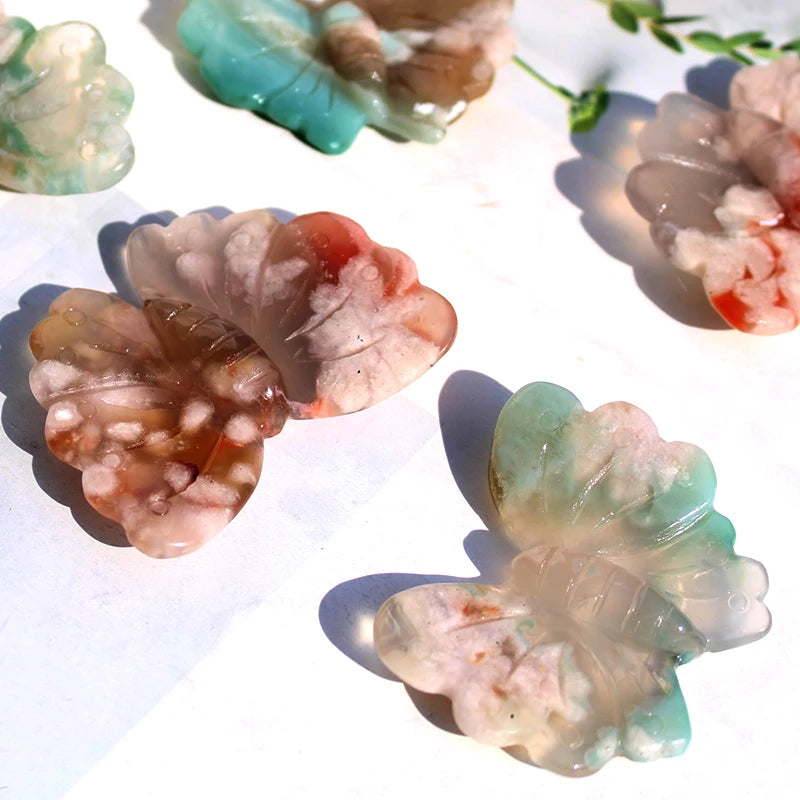 Hand Carved Natural Green Flower Agate Healing Stones Butterfly Carving for Ornament