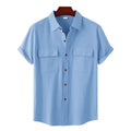 Double Pocket Cotton Linen Shirt Men 2022 Summer Short Sleeve Casual Button Down Shirts Mens Beach Holiday Breathable Top