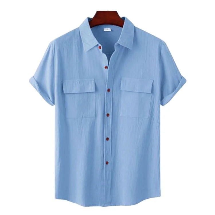 Double Pocket Cotton Linen Shirt Men 2022 Summer Short Sleeve Casual Button Down Shirts Mens Beach Holiday Breathable Top