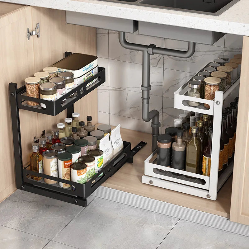 2-Tier Steel Under Sink Pull-Out Cabinet Organizer Slide Out Sliding Shelf Storage for Kitchen and Bathroom Sink OEM ODM Design