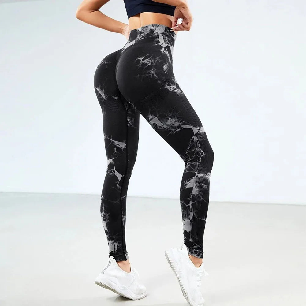 Seamless Tie-Dye Bleaching Print Yoga Pants Elastic Tight Soft Comfortable Peach Hip High Waist Fitness Sports Clothing