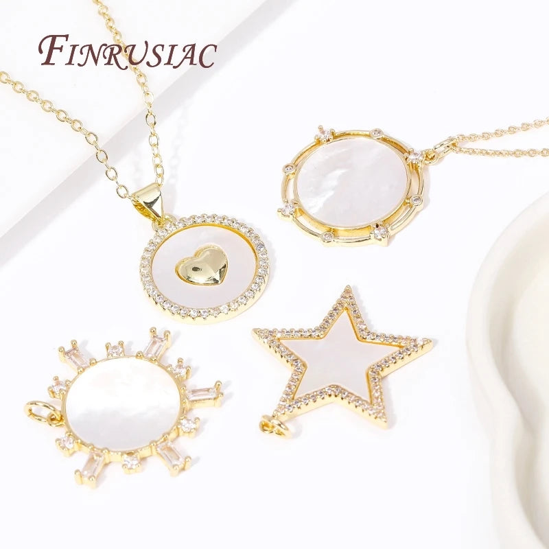 Trendy Brass 18K Gold Plated Inlay Round/Star Shape Zircon Charms with Natural Shells DIY Jewelry Making Supplies