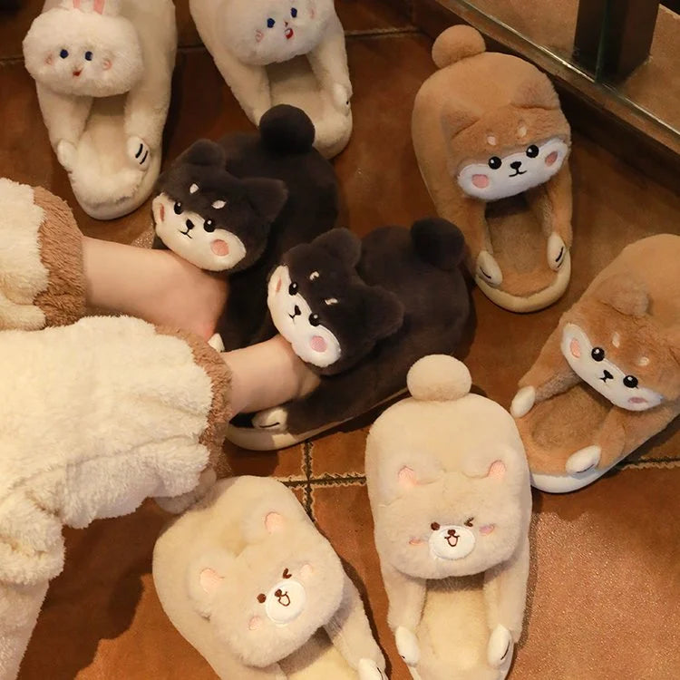 Cartoon Design Women Slippers Winter Warm Plush Shiba Inu Dog Slippers Animal Puppy Plush Home Slippers for Women