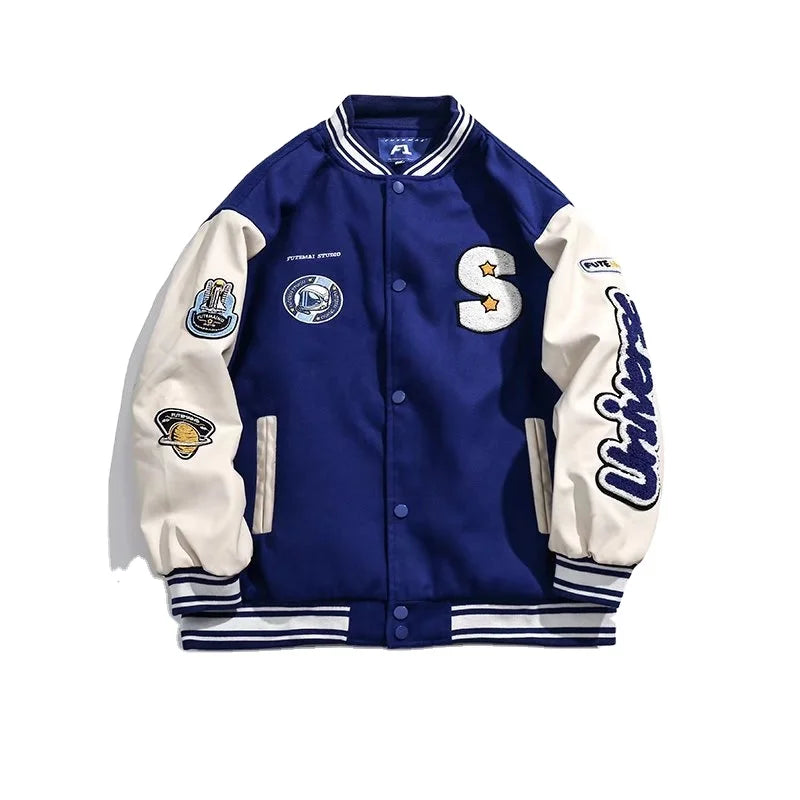 New Winter Cotton Basketball Jacket Men Varsity Letterman Jacket Women Embroidery PU Leather Spell Sleeve Couple Jacket