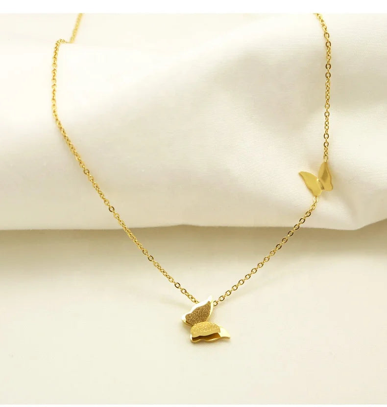 GT 2022 Tiktok Rose Gold Frosted Double Butterfly Necklace Stainless Steel Titanium Steel Necklace Women's Clavicle Chain