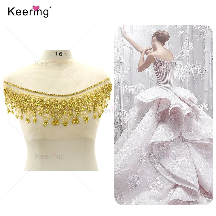 French Bridal Style Full Luxury Panel Lace Crystal Rhinestone Patch Bust Gold and Silver Apliques En Diamantes Moda WDP-278
