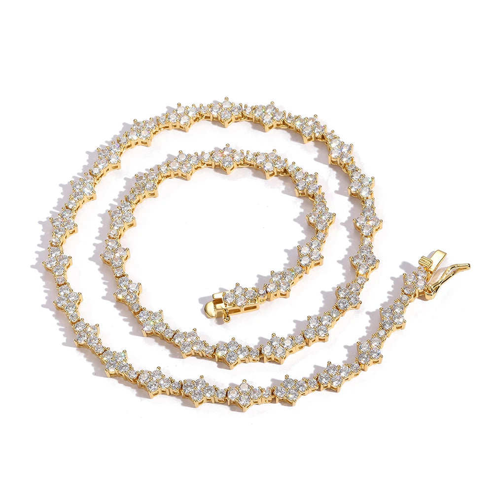 3MM 18K Gold Plated Prong Set CZ Cluster Cross Shape Chains Bling White Zircon Tennis Chain Necklace