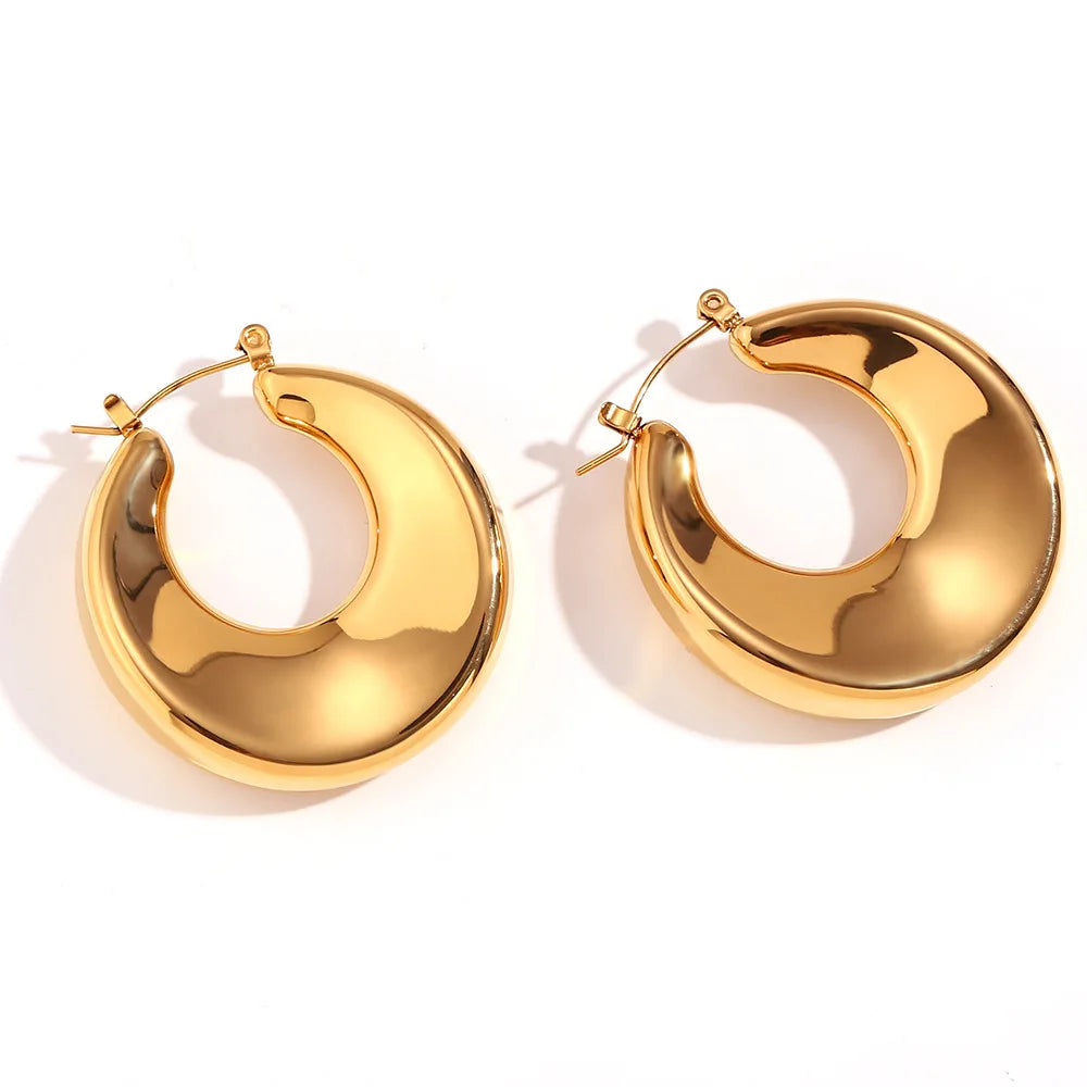 Glossy 18K Gold Plated Chunky Earrings Stainless Steel Hammered Hollow Round Hoop Earrings Women Charm Jewelry