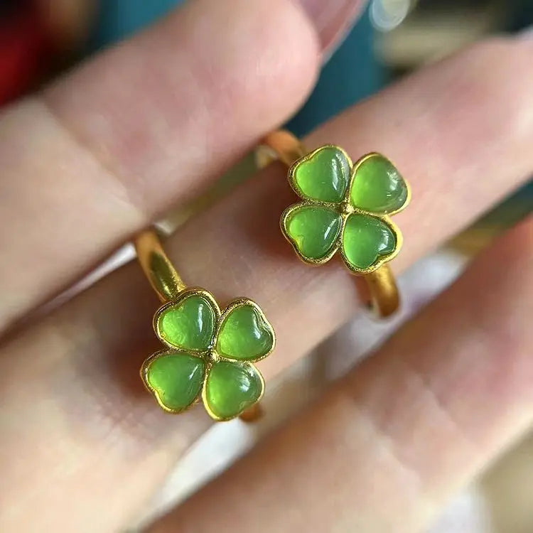 Jialin Natural Stone Jewelry Four Leaf Clover Ring Jade Women Burma Rings Jewelry Blessing Gifts Wholesale
