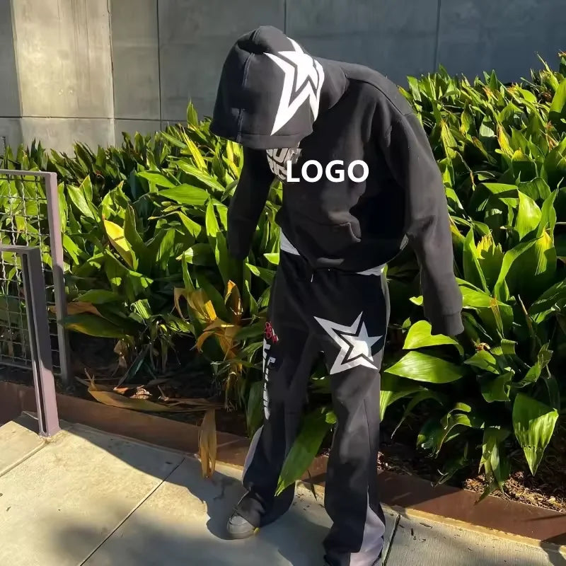 High Quality Two Piece Stacked Sweat Jogger Pants and Hoodie Set Men Custom Graphic Puff Print Cropped Hoodies Men Streetwear