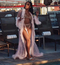 Maining Womens Sleepwear Plus Size Long Sleeve Mesh Sheer Lingerie Feather Bride Robe Fur Bathrobe