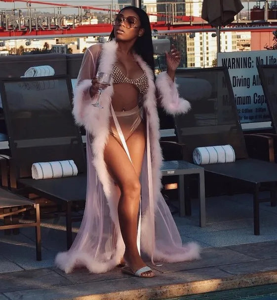 Maining Womens Sleepwear Plus Size Long Sleeve Mesh Sheer Lingerie Feather Bride Robe Fur Bathrobe