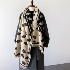 MADESHINE Polyester Ginko Leaf Faux Wool Kashmir Double Color Women Winter Warm Breathable Long Scarf Pashmina Shawl Wrap Fringe