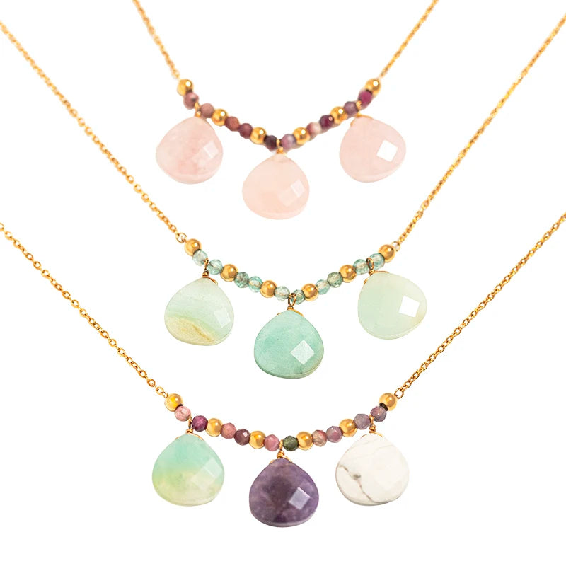 18K Gold Plated Stainless Steel Zircon Gemstone Pendant Necklace Jewelry Natural Freshwater Pearl Natural Stone Necklace