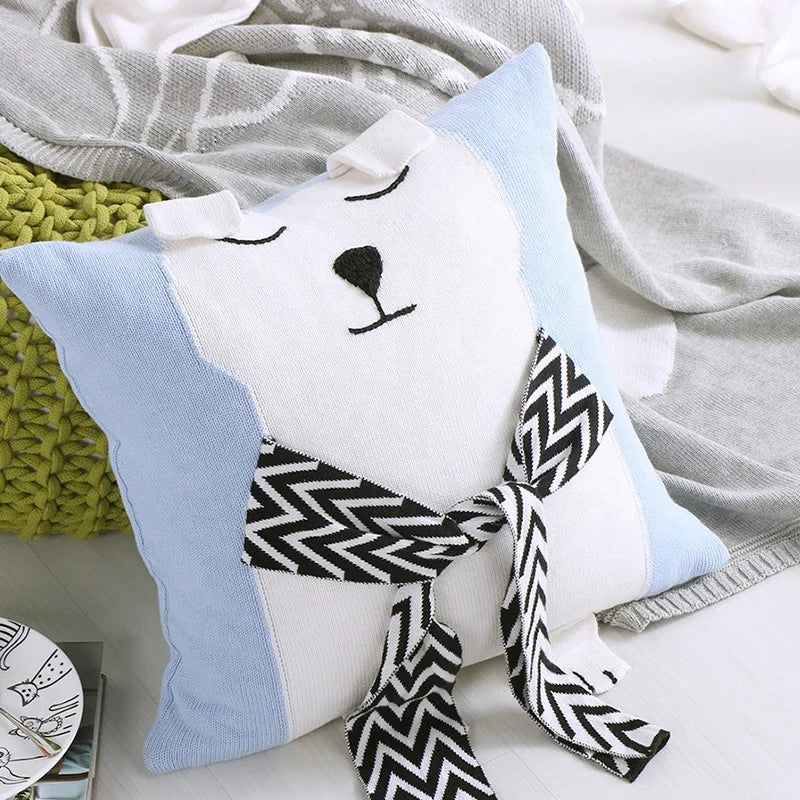 Wjx Soft Cartoon Bear Baby Children Crochet Cushion Cover Cotton Knitted Throw Pillow Case