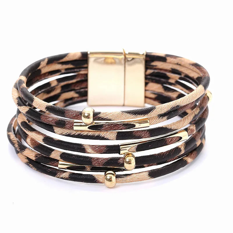 Handmade Creative Multilayer Leather Bracelet Leopard Print Fashion Cuff Bracelets Featuring Magnetic Buckle Magnetic Buckle