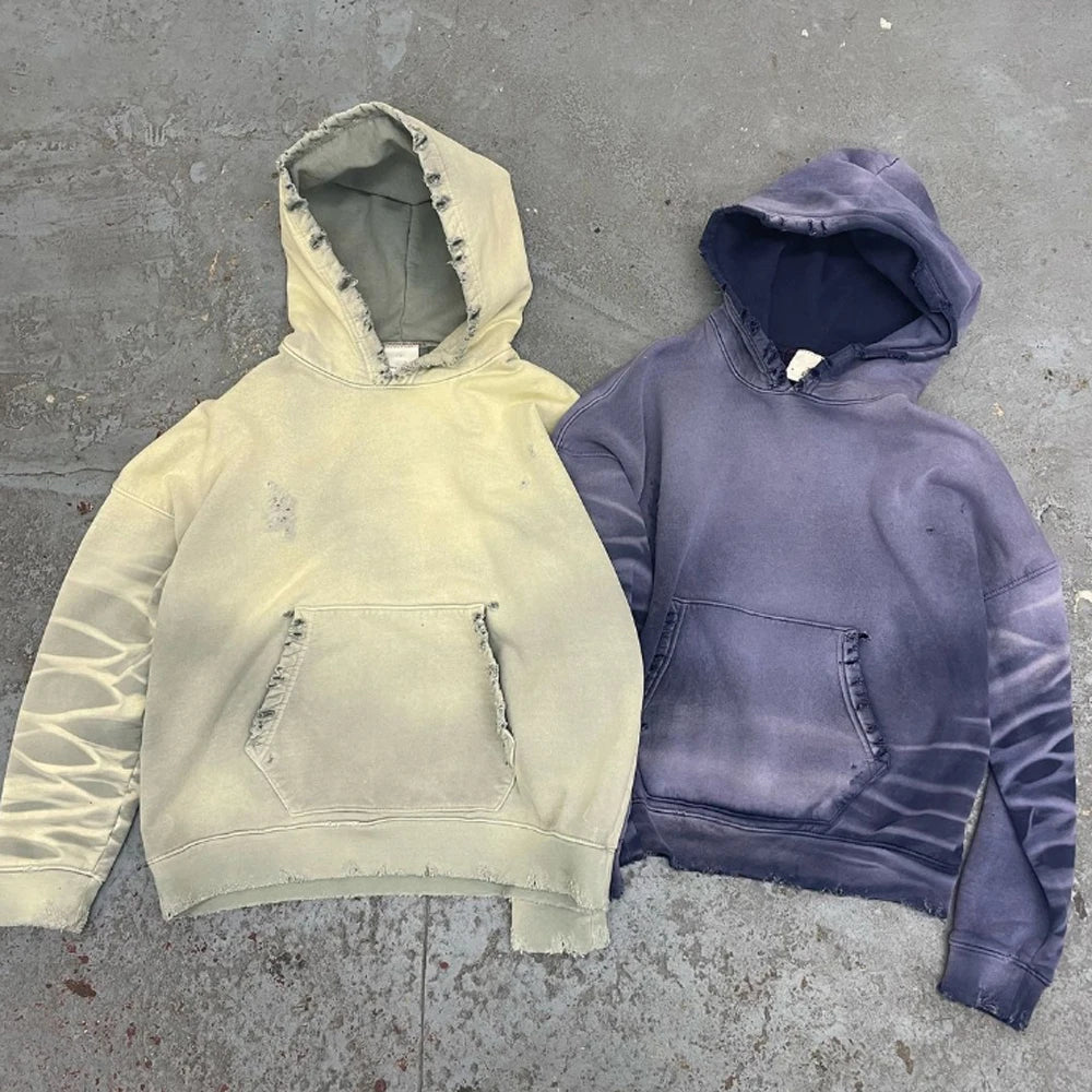 Custom Pullover Hoodie Jacket Acid Wash French Terry Sweatshirts Blank Cropped Boxy Vintage Acid Wash Distressed Hoodies for Men