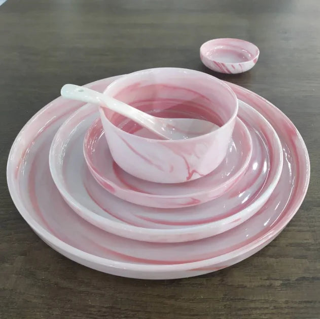 Eco-Friendly High Temperature Ceramic Plates Set Pink Marble Porcelain Dinnerware with Grey Marble Crockery for Home Use