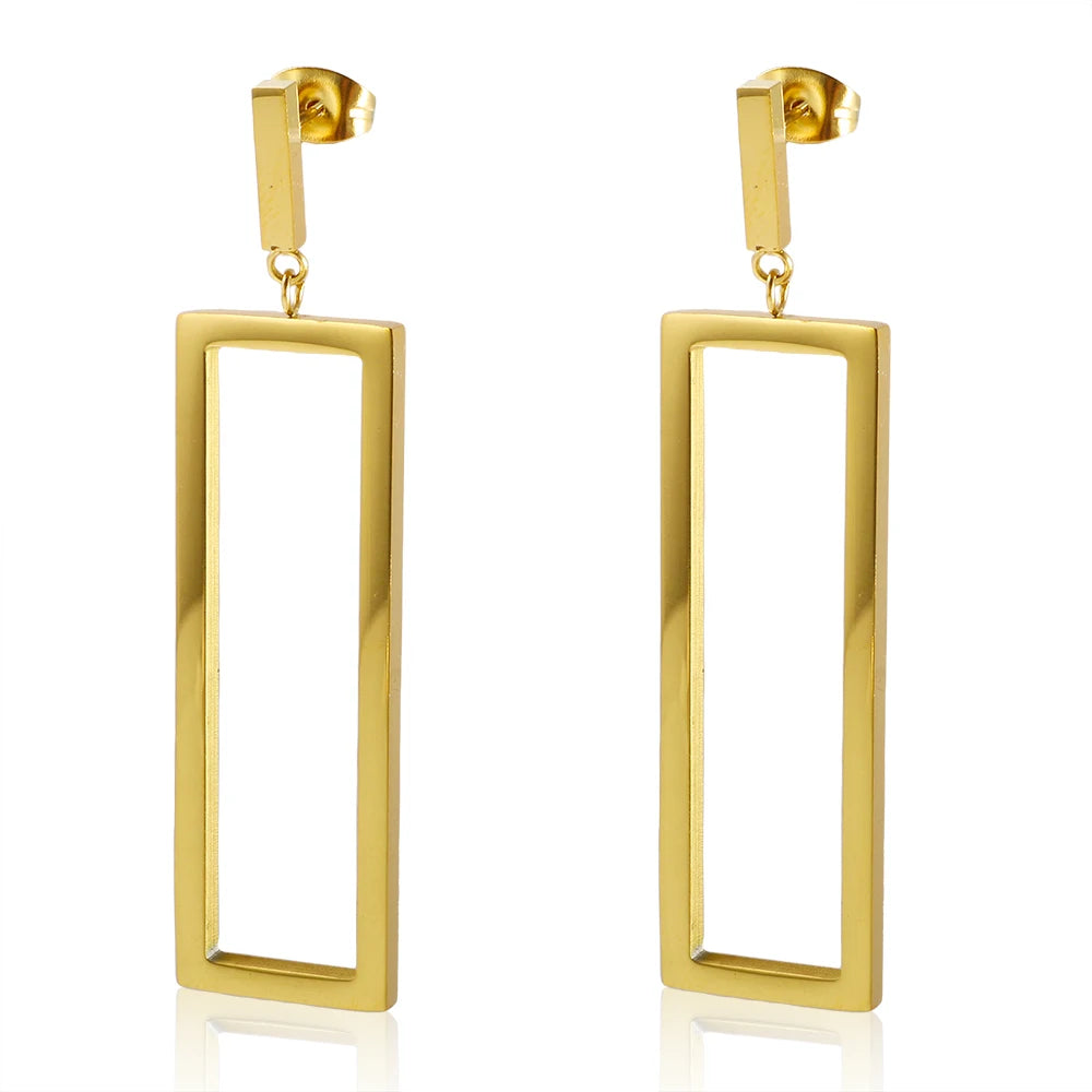 Hollow Rectangular Pendant Drop Earrings Stainless Steel PVD Gold Plated Stud Earrings for Women Jewelry
