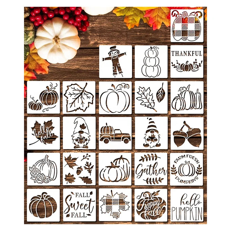 24 Piece Fall Stencils 3x3 Reusable Template Thanksgiving DIY Crafts Decorative Drawing Stencil
