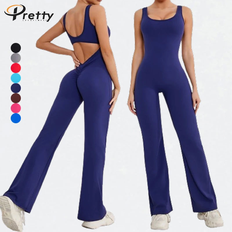 2024 New Arrivals One Piece Bodysuits Jumpsuits Hollowed Back Scrunch Gym Fitness Workout Rompers Women's Jumpsuits