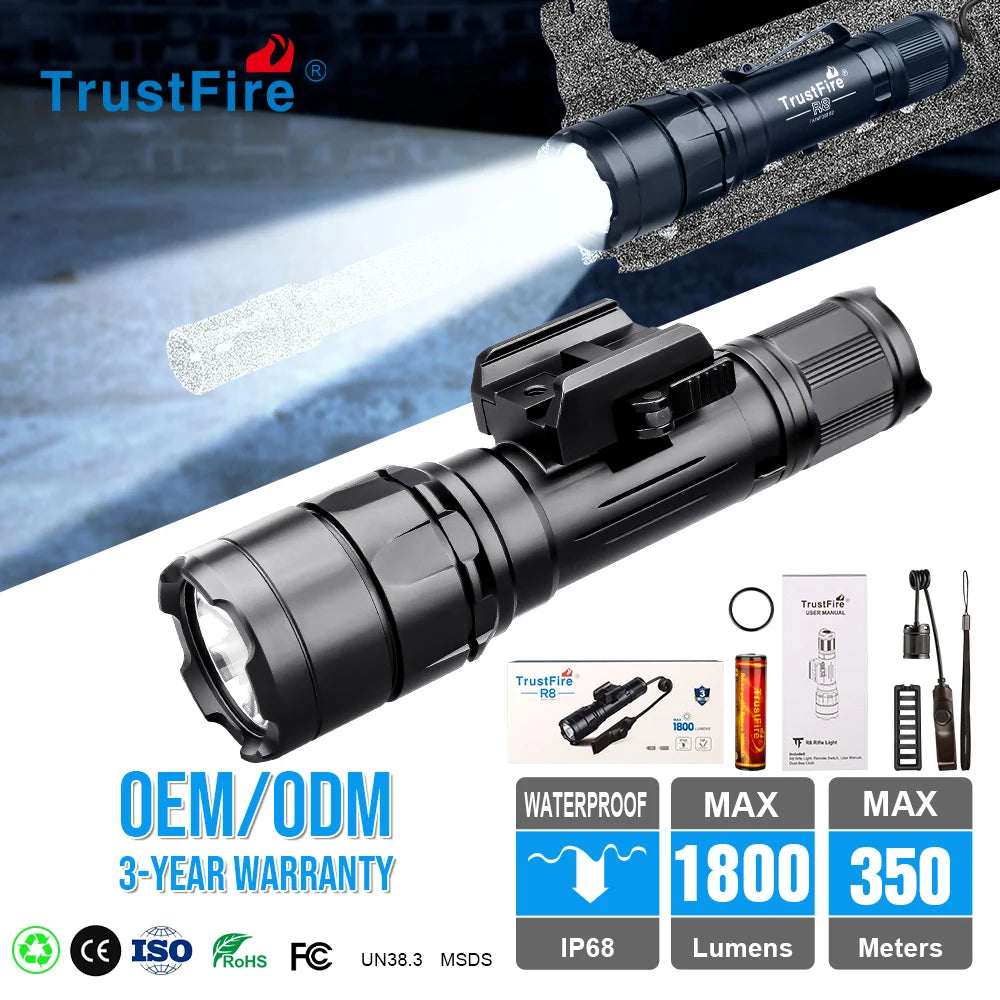 Wholesale Tactical Flashlight R8 Aluminum Alloy 1700LM IPX8 Waterproof USB Rechargeable 18650 Battery Hunting Rescue Flashlight