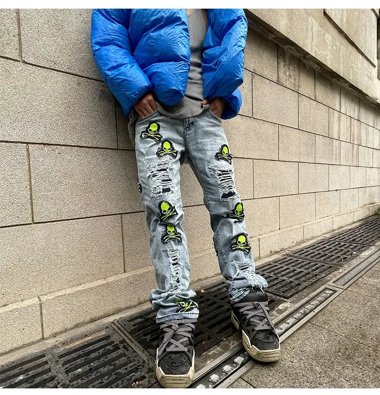 Custom Label Trousers for Men Drop Ship Boys Men Street Wear Stock Patches Stacked Flare Jeans Men
