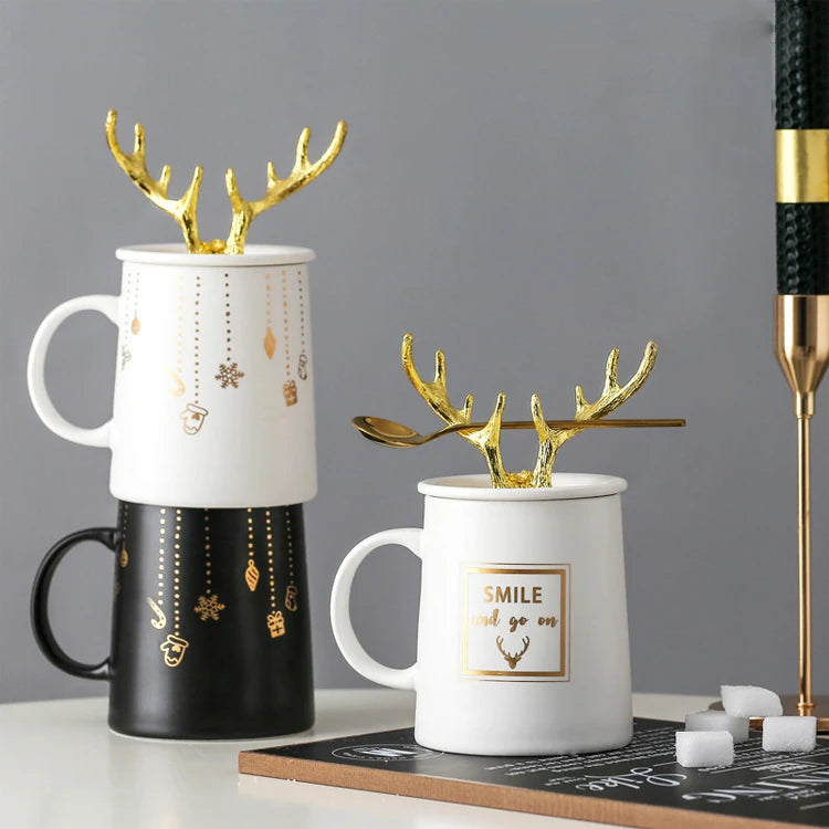 Luxury Modern Nordic  Ceramic Christmas Gift Home Custom Milk Coffee Mugs with Spoon and Lid