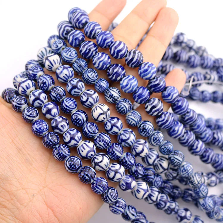 CC1806  Blue White Porcelain Tube Beads Hand Painted Ceramic Round BeadsChinoiserie China Blue White Beads