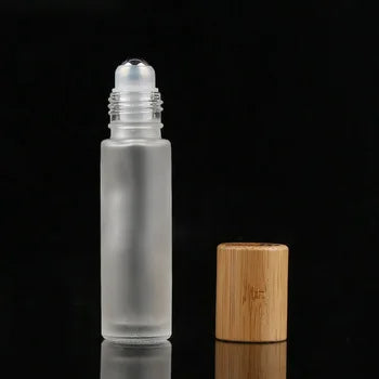 Essential Oil Clear Frosted Color Roll on Glass Bottle 10ml  Bamboo Roller on Bottle Steel Roller Ball
