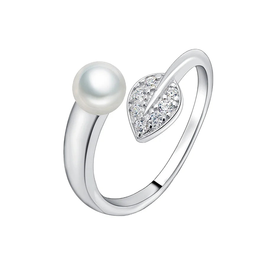 Leaf Base Adjustable Open Size 925 Sterling Silver Jewelry Waterproof Designs Pearl Ring Woman for Girls