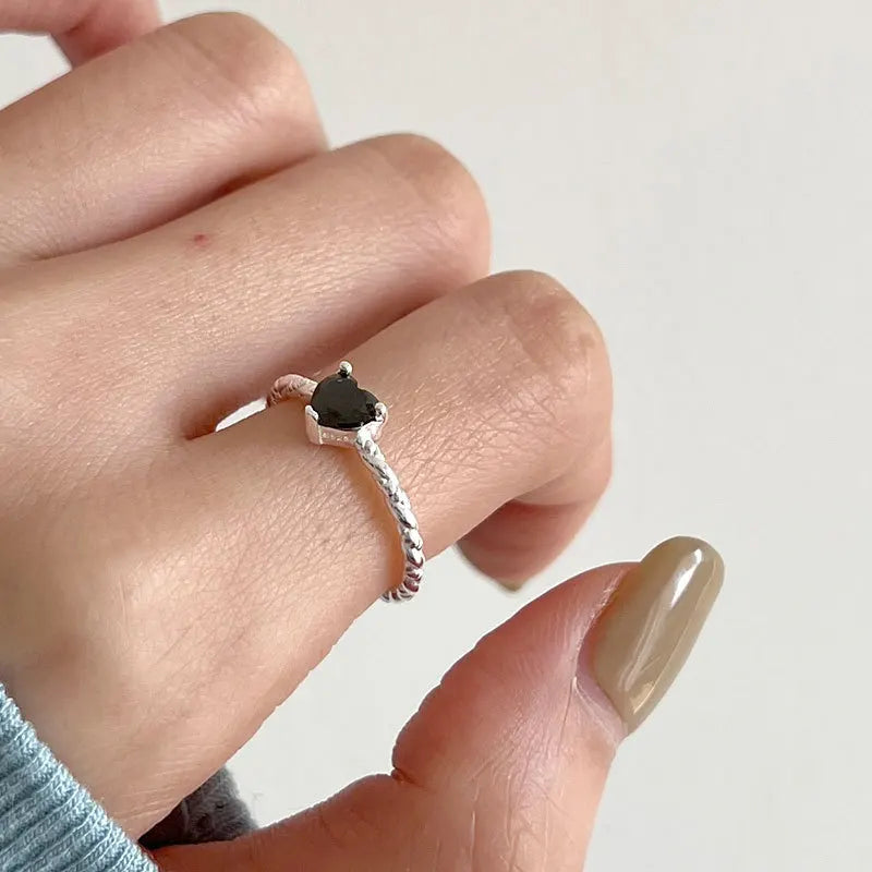 Wedding Jewelry 925 Sterling Silver Black Zircon Heart Shaped Ring