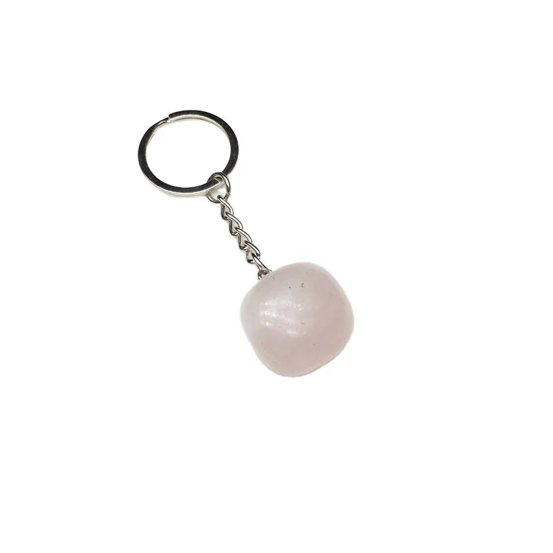 HZ Rose Crystal Quartz Tumble Keychain Crystal Stone Key Chain Stone Charm Pendants Keyrings