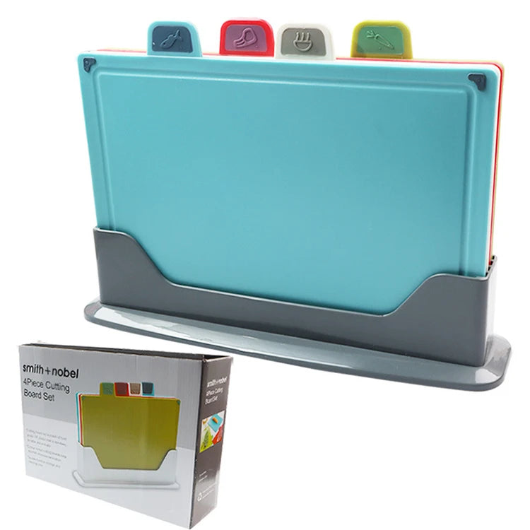 Index Color Coded Food Icon Plastic Chopping Block Set of 4 Small Index Cutting Boards Chopping Board Set for Kitchen with Tray