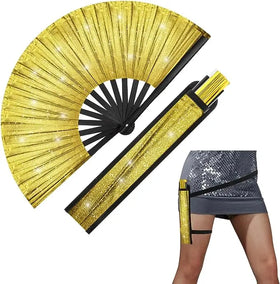 FAREA Large Glitter Folding Handheld Fan Leg Strap Clack Rave Festival Accessories Fabric Case Bag Holster Promotional Party